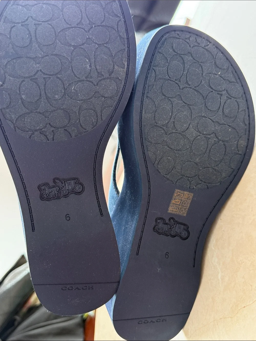 COACH Navy Denim Platform Sandals with Gold Hardware
